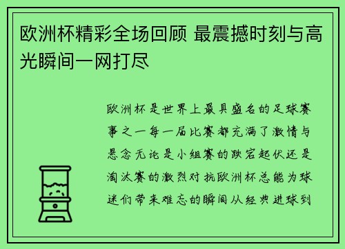 欧洲杯精彩全场回顾 最震撼时刻与高光瞬间一网打尽 欧洲杯精彩全场回顾 最震撼时刻与高光瞬间一网打尽