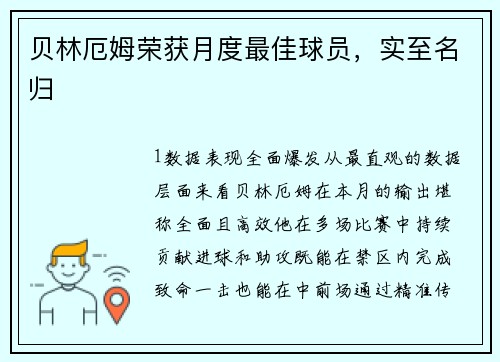 贝林厄姆荣获月度最佳球员，实至名归